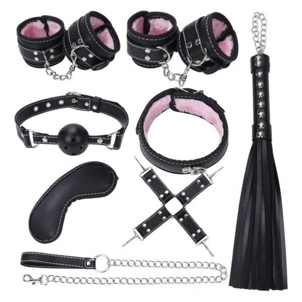 Комплект бдсм іграшок чорний з рожевим хутром Leather Plush Set ZR019 від компанії Elektromax - фото 1