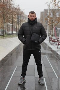 Комплект чоловічий Nike: куртка зимова "Frost" чорна + штани з тринитки утеплені чорні. Барсетка та рукавички У