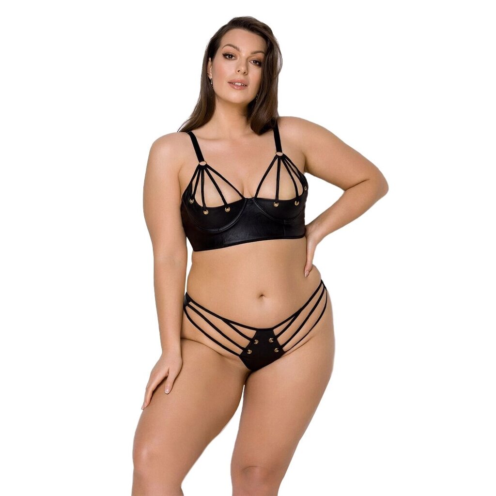 Комплект з екошкіри Passion MALWIA BIKINI 4XL/5XL black, з люверсами та ремінцями, бра, трусики від компанії Elektromax - фото 1