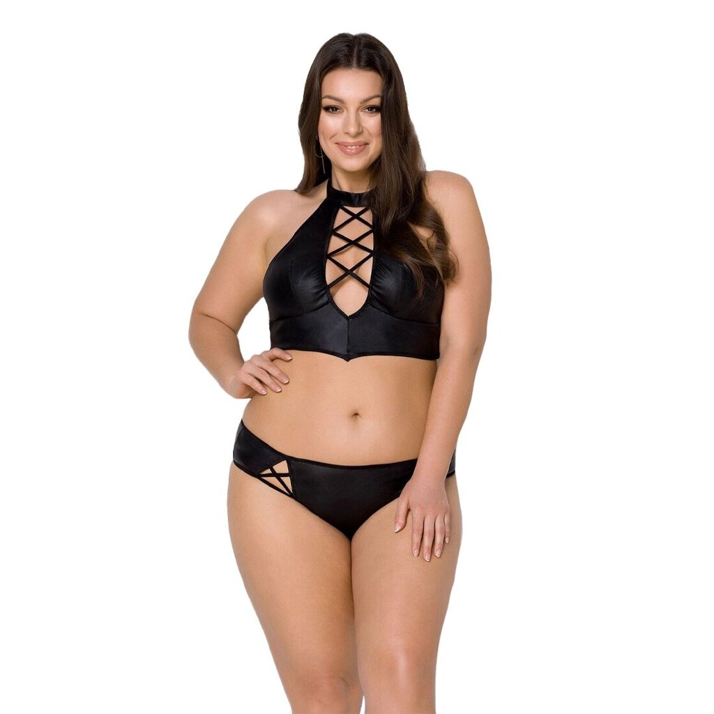 Комплект з екошкіри Passion NANACY BIKINI 4XL/5XL black, бра та трусики з імітацією шнурівки від компанії Elektromax - фото 1