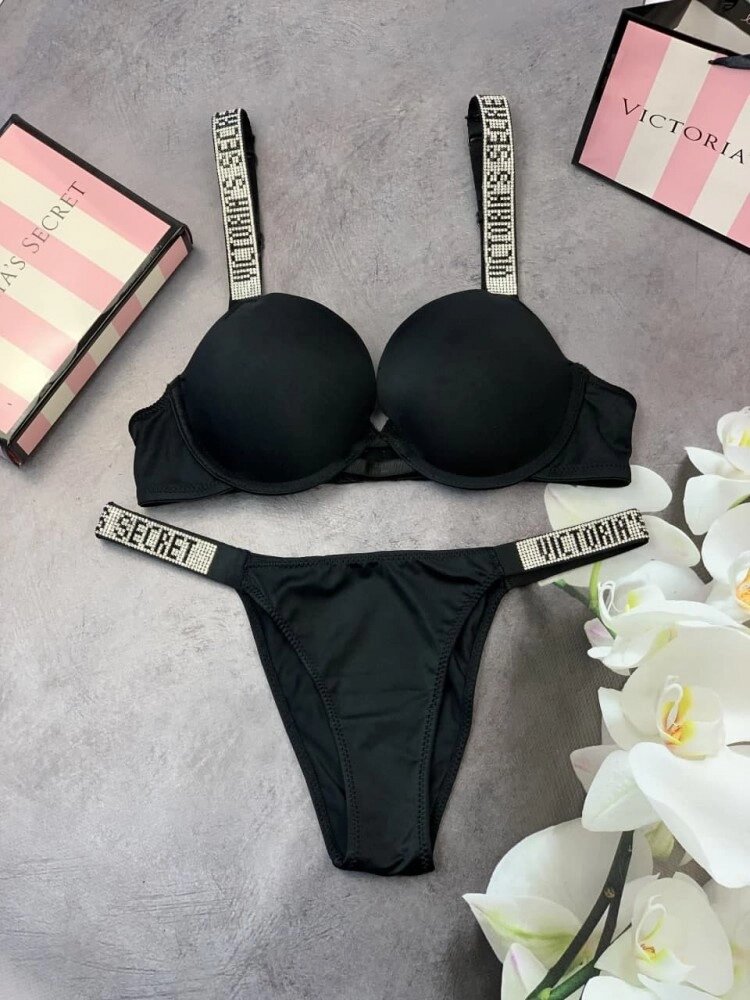 Комплект жіночий Victoria’s Secret Model Rhinestone топ + трусики Чорний kk001 від компанії Elektromax - фото 1