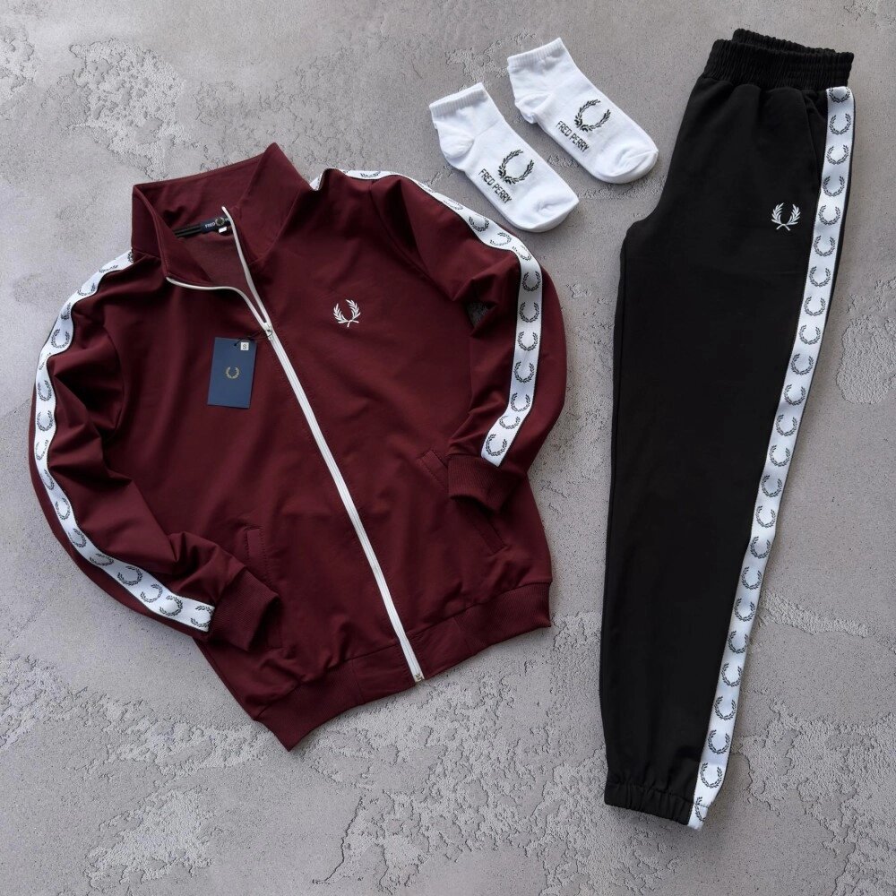 Костюм Fred Perry лампас бордовий з чорним + 2 парі шкарпеток у подарунок від компанії Elektromax - фото 1