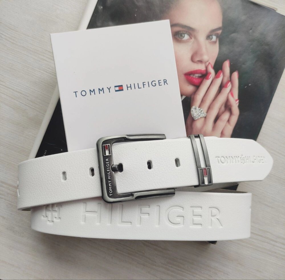 Кожаний чоловічий ремінь Tommy Hilfiger білий з тисненням від компанії Elektromax - фото 1