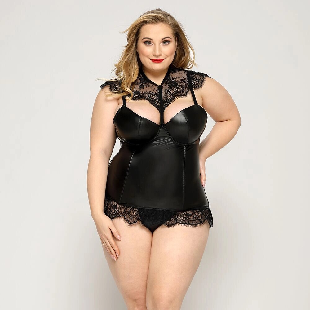 Латексний комплект білизни JSY «Пристрасна Ірис» Plus Size, Black, корсет, стрінги, мереживо від компанії Elektromax - фото 1