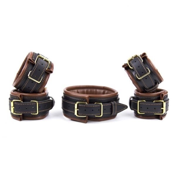 Leather 5 Pieces Restraints Set Hand Neck Foot Handcuffs Brown + Black від компанії Elektromax - фото 1