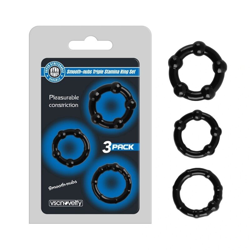 Набір ерекційних кілець Smooth-nubs Triple Stamina Ring Set Black від компанії Elektromax - фото 1