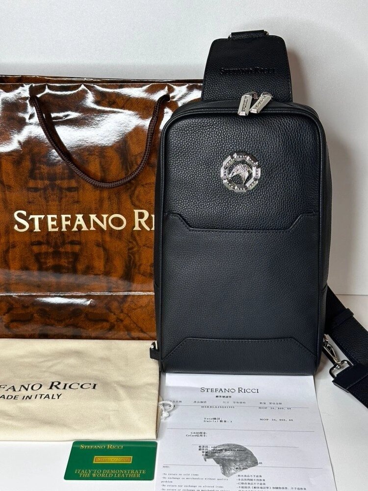 Нагрудна сумка чорна Stefano Ricci Black Leather White Metal Logo c790 від компанії Elektromax - фото 1