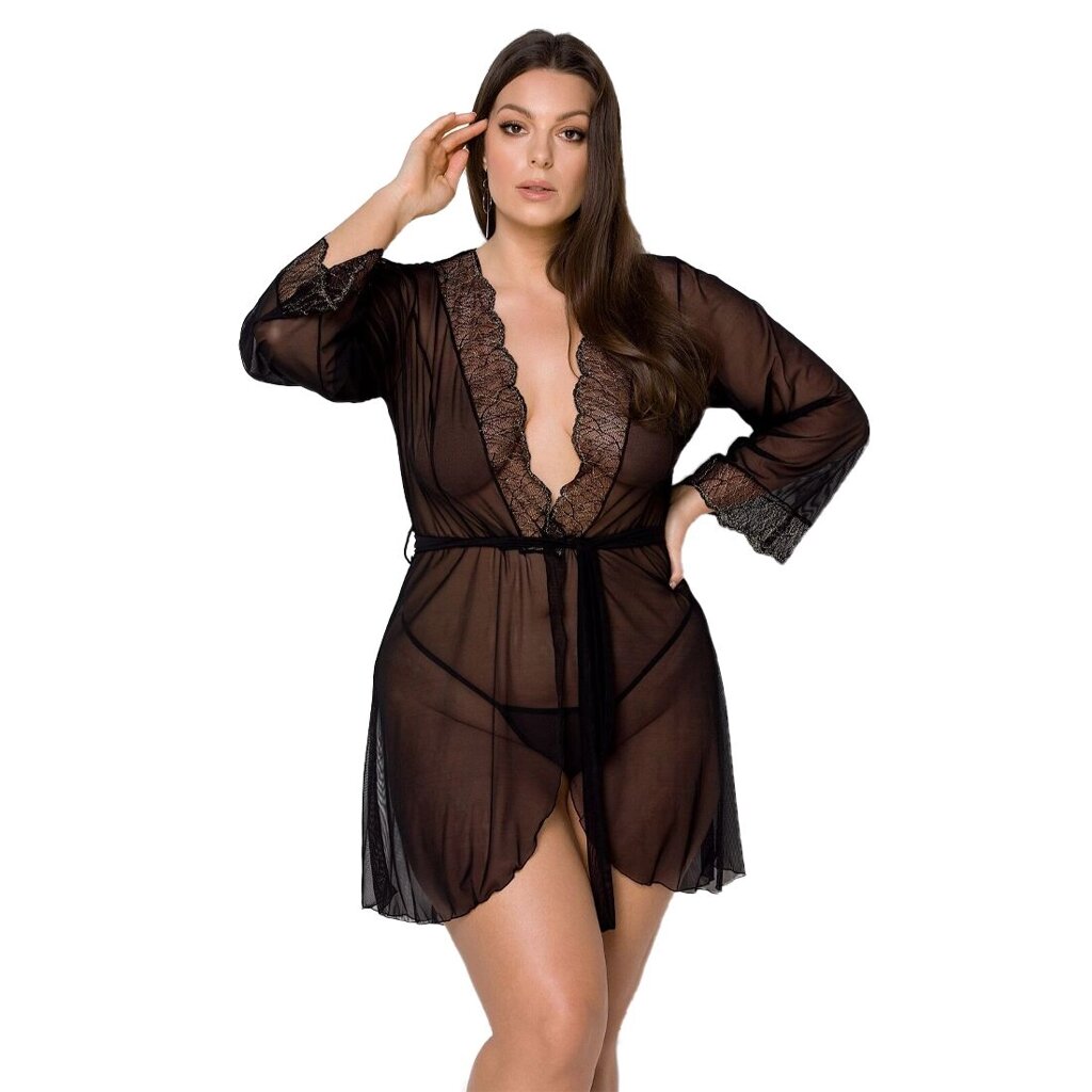 Пеньюар Passion AMBERLY PEIGNOIR 4XL/5XL, black, ажурні декольте та манжети, широкі рукави від компанії Elektromax - фото 1