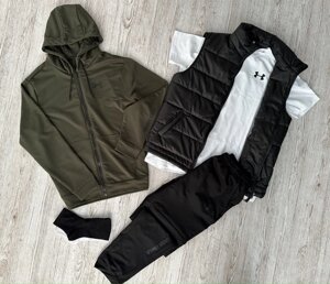 Комплект 5 в 1 Under Armour кофта на змійці хакі + чорні штані + чорна жилетка + біла футболка + 2 пари шкарпеток в Києві от компании Elektromax