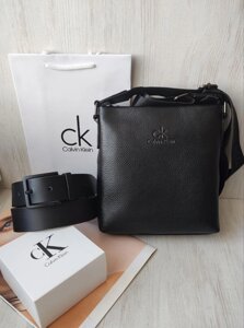 Стильний шкіряний набір Calvin Klein, сумка месенджер та ремінь  black в Києві от компании Elektromax