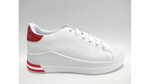 Жіночі кросівки повністю білі на танкетці 5 см червоні елементи 38 розмір
