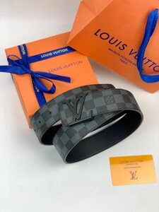 Ремінь Louis Vuitton c чорною пряжкою LV initials Damier Graphite r112