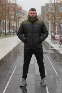 Комплект чоловічий Nike: куртка зимова "Frost" хакі-чорна + штани з тринитки утеплені чорні