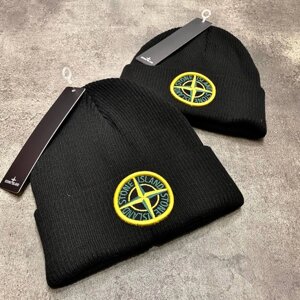 Шапка Stone Island чорна з жовто-зеленим круглим логотипом gu004