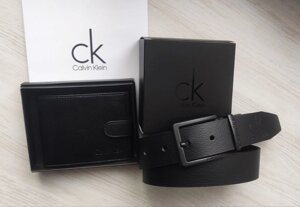 Чоловічий подарунковий набір Calvin Klein шкіряний ремінь та гаманець, чорний