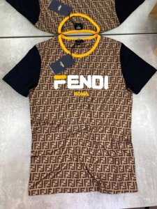 Футболка коричнева Fendi з чорними рукавами принт fendi f323