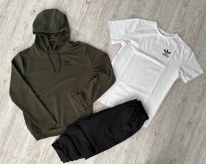 Комплект 3 в 1 Демісезонний спортивний костюм Adidas худі хакі + чорні штани (двонитка) + Футболка біла Adidas в Києві от компании Elektromax