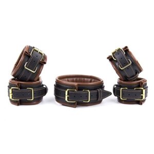 Leather 5 Pieces Restraints Set Hand Neck Foot Handcuffs Brown + Black в Києві от компании Elektromax