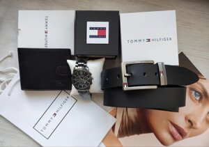 Подарунковий чоловічий набір Tommy Hilfiger годинник black, шкіряний ремінь та гаманець