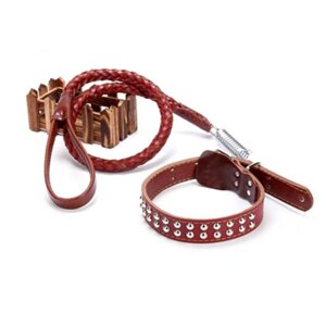 High quality leather collar with traction leather chain - red в Києві от компании Elektromax
