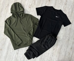 Комплект 3 в 1 Демісезонний спортивний костюм Nike худі хакі + чорні штани (двонитка) + Футболка чорна Nike в Києві от компании Elektromax