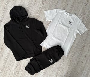 Комплект 3 в 1 Демісезонний спортивний костюм Adidas чорний худі + чорні штани (двонитка) + Футболка біла Adidas