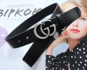 Жіночий чорний шкіряний ремінь Gucci 3 см пряжка хром