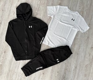 Комплект 3 в 1 Демісезонний спортивний костюм Under Armour чорна кофта на змійці + чорні штани (двонитка) + Футболка