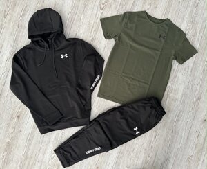 Комплект 3 в 1 Демісезонний спортивний костюм Under Armour чорний худі + чорні штани (двонитка) + Футболка хакі Under