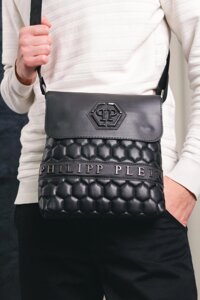 Месенджер шкіряний Philipp Plein чорний, маленькі шестикутники