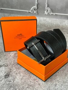 Ремінь Hermes чорний із сріблястою пряжкою mb006