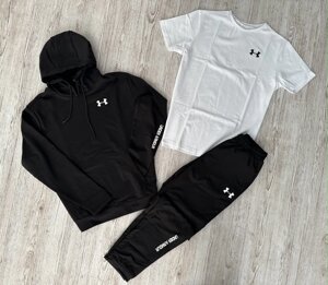 Комплект 3 в 1 Демісезонний спортивний костюм Under Armour чорний худі + чорні штани (двонитка) + Футболка біла Under