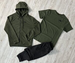 Комплект 3 в 1 Демісезонний спортивний костюм TNF кофта на змійці хакі + чорні штани (двонитка) + Футболка хакі TNF в Києві от компании Elektromax