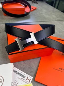 Ремінь Hermes двосторонній чорний із синім r149