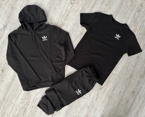 Комплект 3 в 1 Демісезонний спортивний костюм Adidas чорний худі + чорні штани (двонитка) + Футболка чорна Adidas в Києві от компании Elektromax