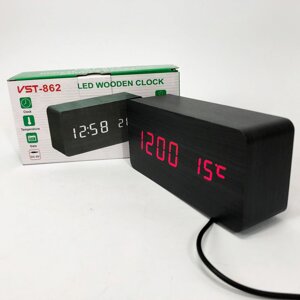 Годинник VST-862 чорне дерево червоне підсвічування, Цифровий настільний годинник квадратний в Києві від компанії Elektromax