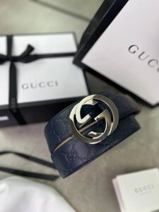 Ремінь Gucci синій тиснений зі срібним лого r051