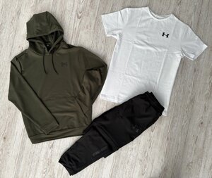 Комплект 3 в 1 Демісезонний спортивний костюм Under Armour худі хакі + чорні штани (двонитка) + Футболка біла Under