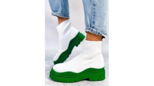 Жіночі кросівки високі трикотажні білого кольору на яскравій зеленій підошві 36-41