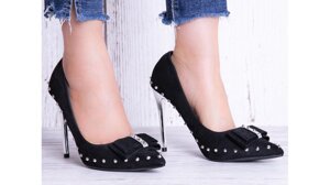 Жіночі туфлі чорні замшеві на сріблястій шпильці 10см класика 36-39