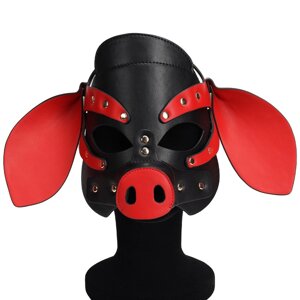 БДСМ маска голова свені Leather Pig Mask Black and Red