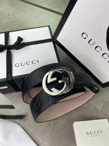 Ремінь чорний Gucci Signature срібляста пряжка r107 в Києві от компании Elektromax