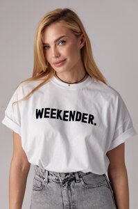 Трикотажна футболка з написом Weekender - білий з чорним цвет, S (є розміри) в Києві от компании Elektromax