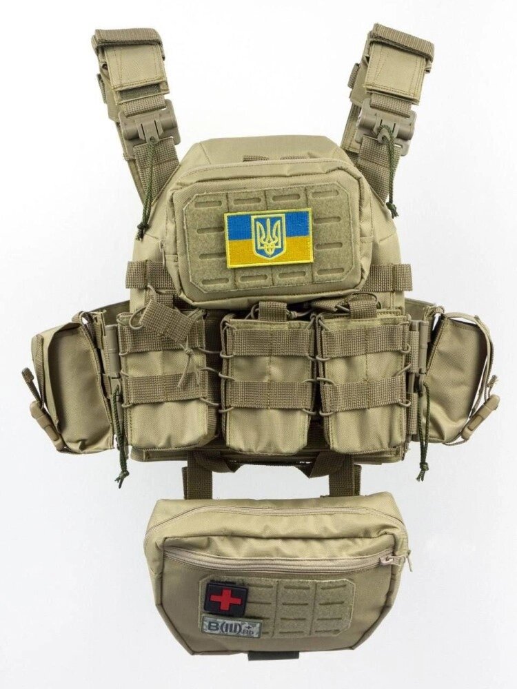 Плитоноска швидкого скидання з боковими карманами Cordura 1000D+ напашник та 6 підсумків койот від компанії Elektromax - фото 1