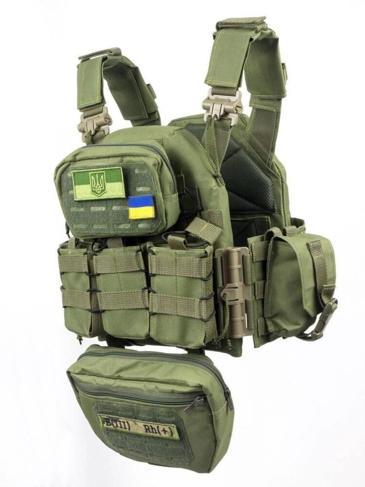 Плитоноска швидкого скидання з боковими карманами Cordura 1000D+ напашник та 6 підсумків олива від компанії Elektromax - фото 1