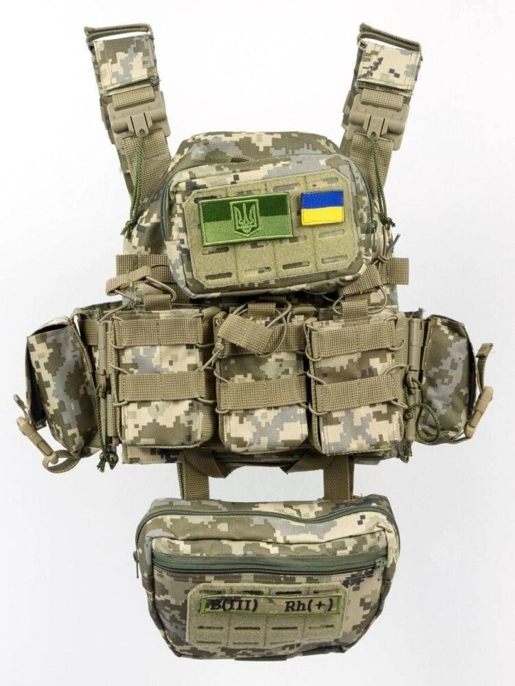 Плитоноска швидкого скидання з боковими карманами Cordura 1000D+ напашник та 6 підсумків піксель від компанії Elektromax - фото 1