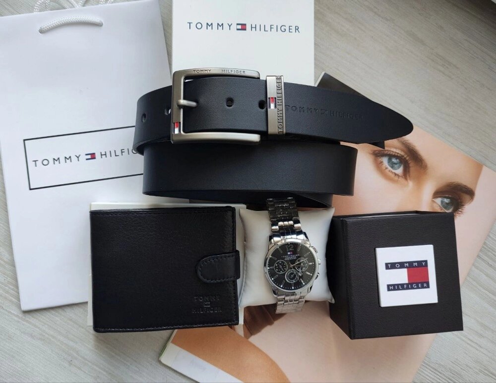 Подарунковий чоловічий набір Tommy Hilfiger годинник silver, шкіряний ремінь та гаманець black від компанії Elektromax - фото 1