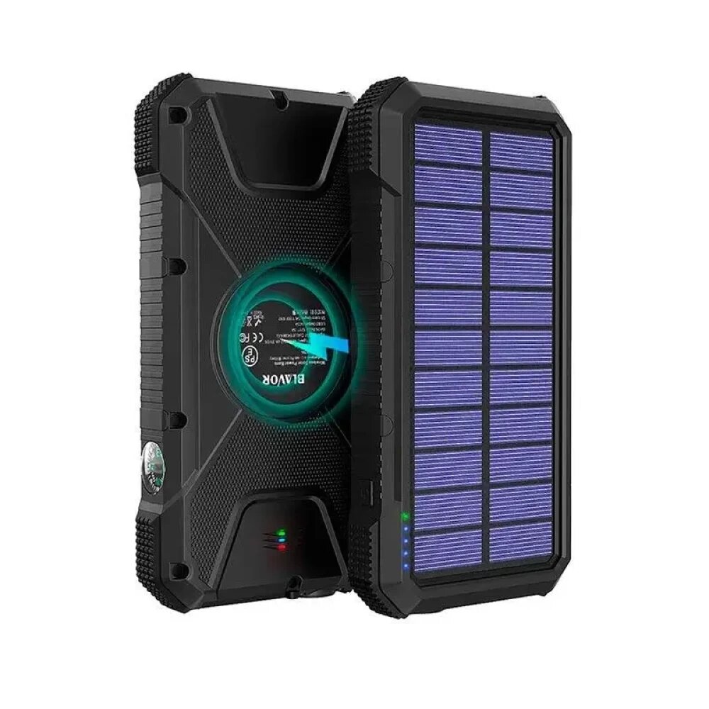 PowerBank Solar power bank with LED light 20000mAh PN-W20S IPX4 |2USB/Type-C, 18W/3A, PD/QC, Qi| Чорний від компанії Elektromax - фото 1