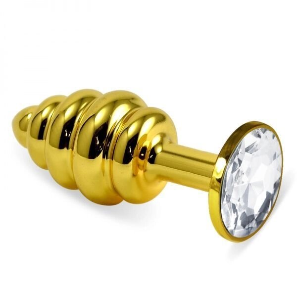 Ребриста золота анальна пробка з прозорим кристалічним спіральним металевим вилкою Rosebud Spiral від компанії Elektromax - фото 1