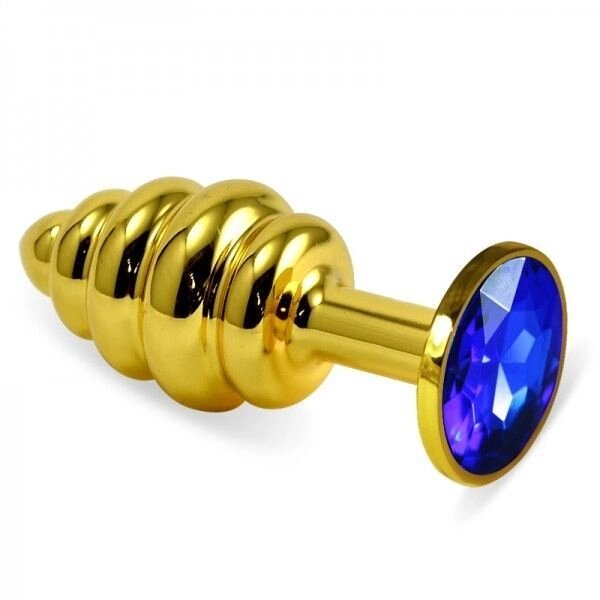Ребриста золота анальна пробка з синьою кришталевою спіральною вилкою Spiral Metal від компанії Elektromax - фото 1